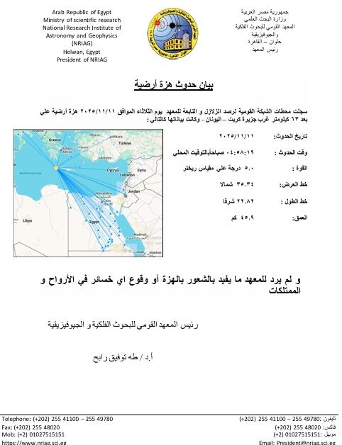 زلزال بقوة 5 درجات يضرب جزيرة كريت في اليونان.. هل أحست به مصر؟