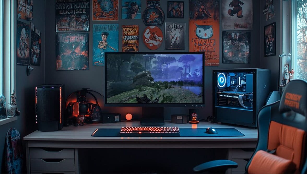 إعداد ألعاب مع شاشة كبيرة تعرض مشهد من PUBG. المكتب يحتوي على لوحة مفاتيح ملونة، وفأرة، وجهاز كمبيوتر حديث